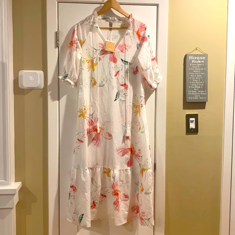 Floral Tiered Maxi Dress - White with Pink & Yellow Flowers